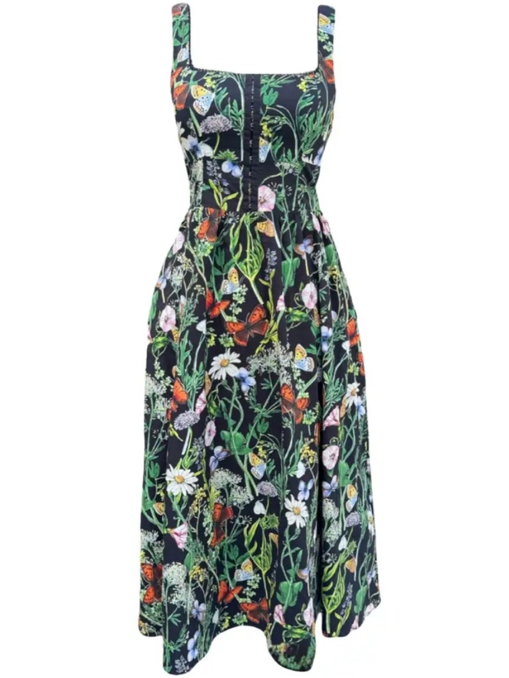 Avec Les Filles Black Floral & Butterfly Square-Neck Midi Dress